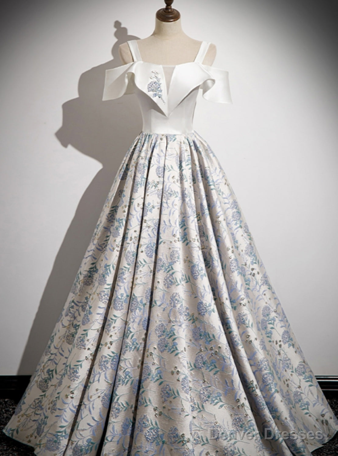 Silver Flower Print Straps Prom Dress Main image