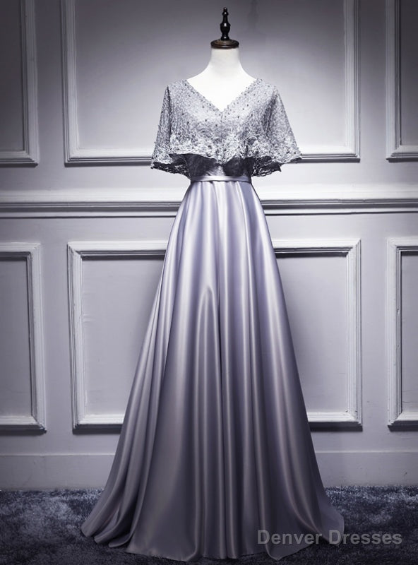 Silver Gray Satin Lace V-neck Bat Pearls Prom Dress