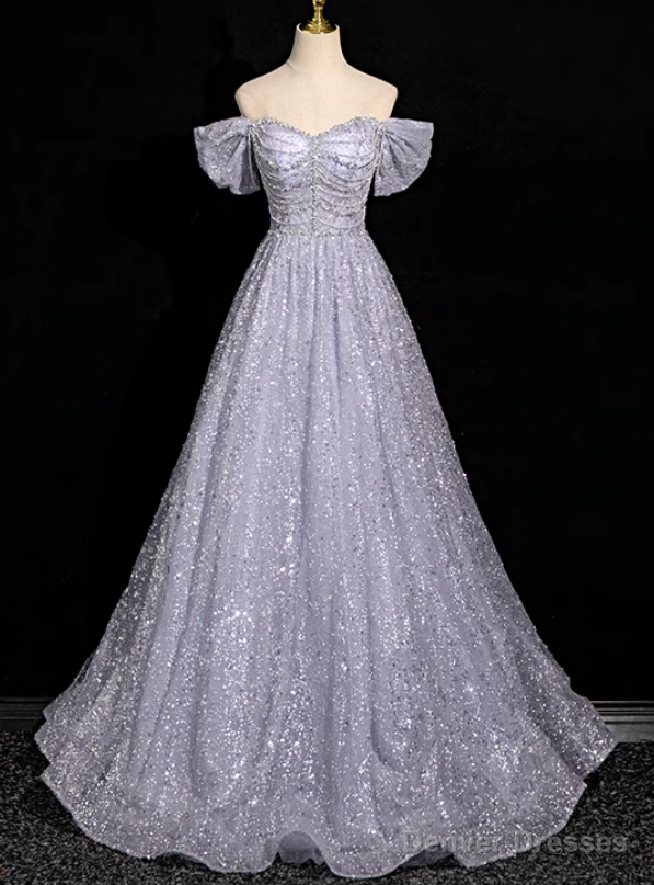 Silver Gray Sequins Off the Shoulder Beading Prom Dress