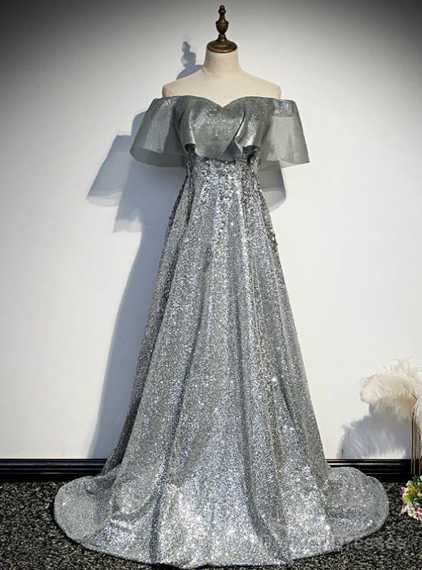 Silver Gray Sequins Off the Shoulder Prom Dress