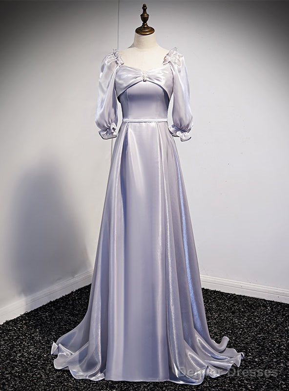 Silver Gray Square Short Sleeve Long Prom Dress Main image