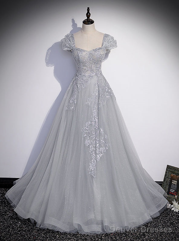 Silver Gray Tulle Appliques Beading Prom Dress
