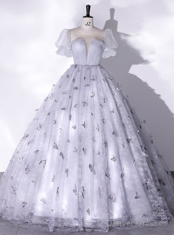 Silver Gray Tulle Butterfly Puff Sleeve Quinceanera Dress Main image