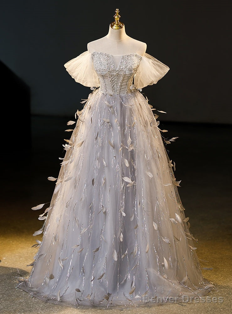 Silver Gray Tulle Feather Beading Prom Dress Main image