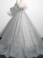 Silver Gray Tulle Lace Prom Dresses, Silver Gray Long Lace Formal Evening Dresses