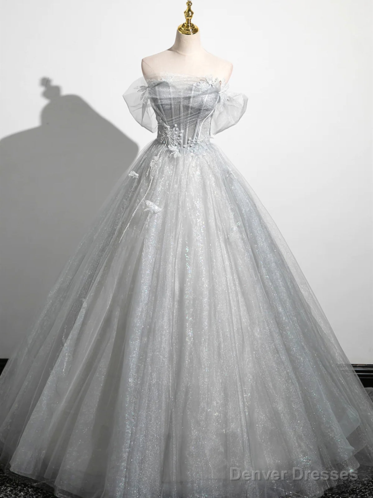 Silver Gray Tulle Lace Prom Dresses, Silver Gray Long Lace Formal Evening Dresses Secondary image
