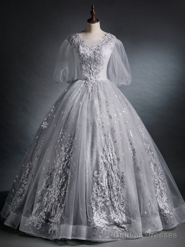 Silver Gray Tulle Puff Sleeve Appliques Beading Quinceanera Dress Main image