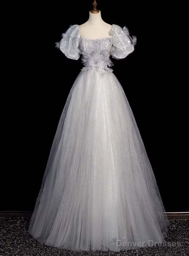 Silver Gray Tulle Sequins Puff Sleeve Prom Dress Main image