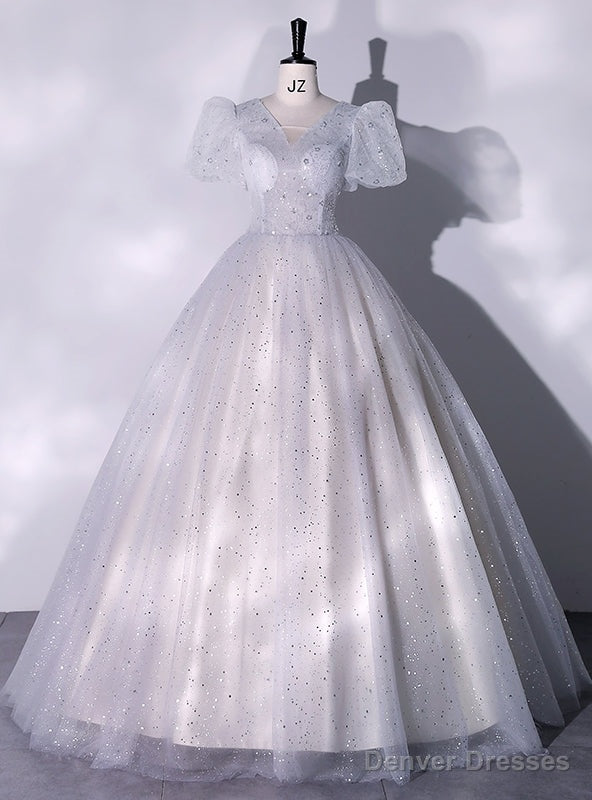 Silver Gray Tulle Sequins Puff Sleeve Quinceanera Dress