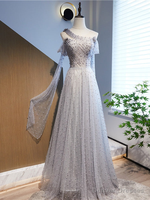 Silver Gray Tulle Sequins Scoop Neck Pearls Prom Dress Main image