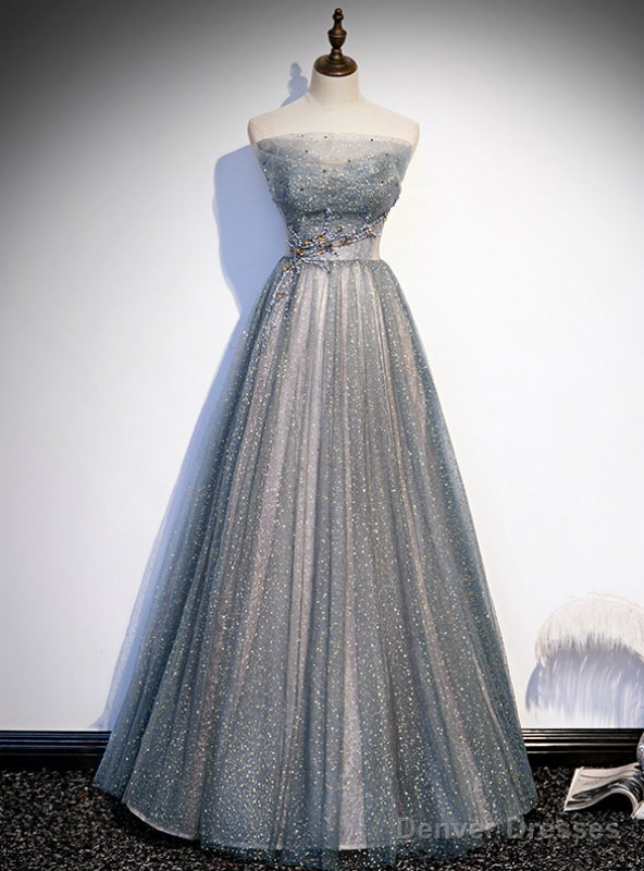 Silver Gray Tulle Sequins Strapless Beading Prom Dress