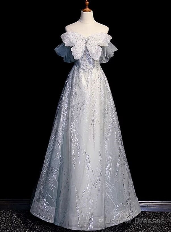 Silver Gray Tulle Sequins Strapless Butterfly Prom Dress Main image