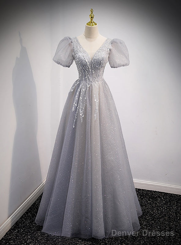Silver Gray Tulle Sequins V-neck Beading Prom Dress Main image