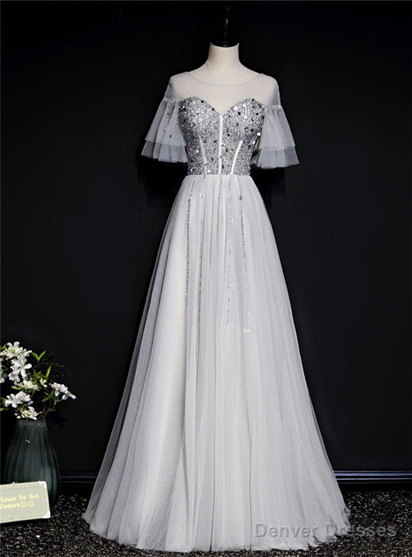 Silver Gray Tulle Short Sleeve Beading Sequins Prom Dress Main image