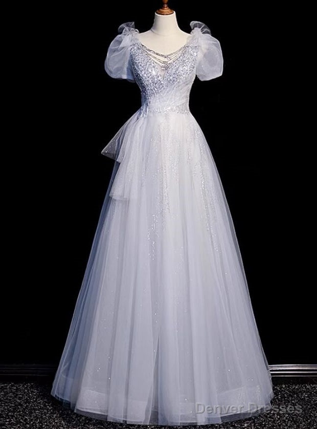 Silver Gray Tulle V-neck Short Sleeve Prom Dress Main image