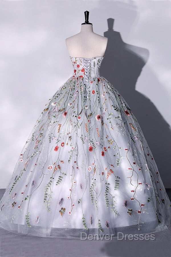 Silver Grey Strapless Ball Gown Prom Dress Floral Floor Length Quinceanera Dress