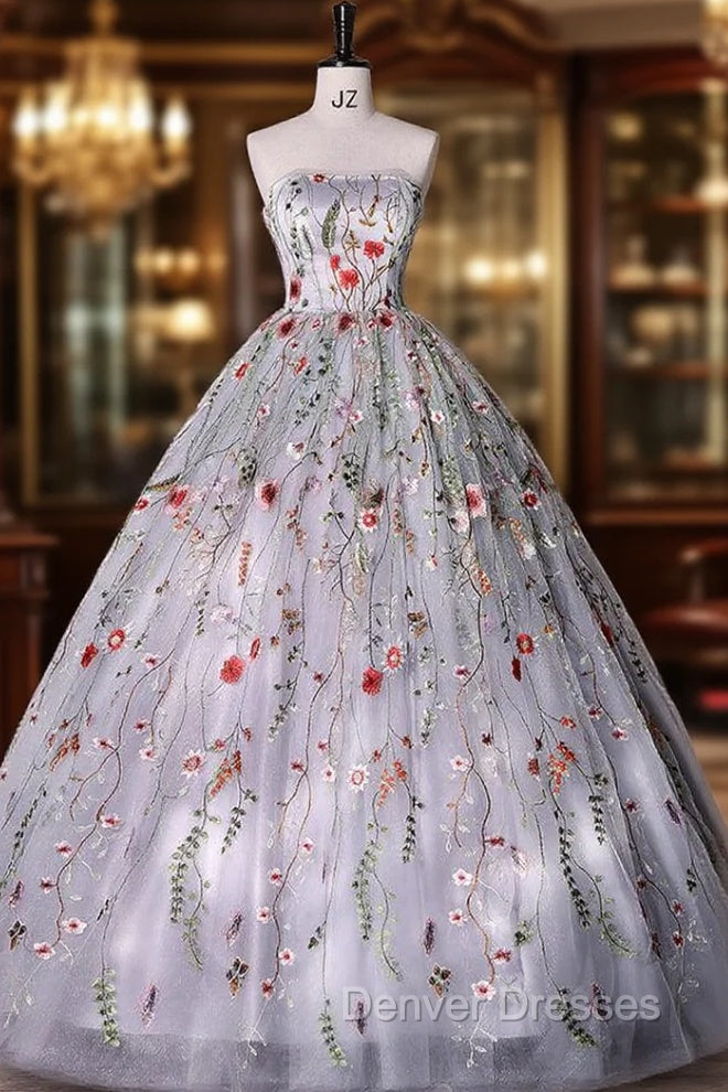 Silver Grey Strapless Ball Gown Prom Dress Floral Floor Length Quinceanera Dress Main image