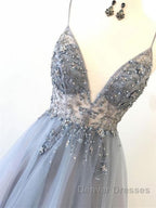 Silver Grey V Neck Floor Length Long Beaded Prom Dress, Grey Long Beaded Formal Evening Dress