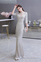 Silver Long sleeves Long Prom Dresses