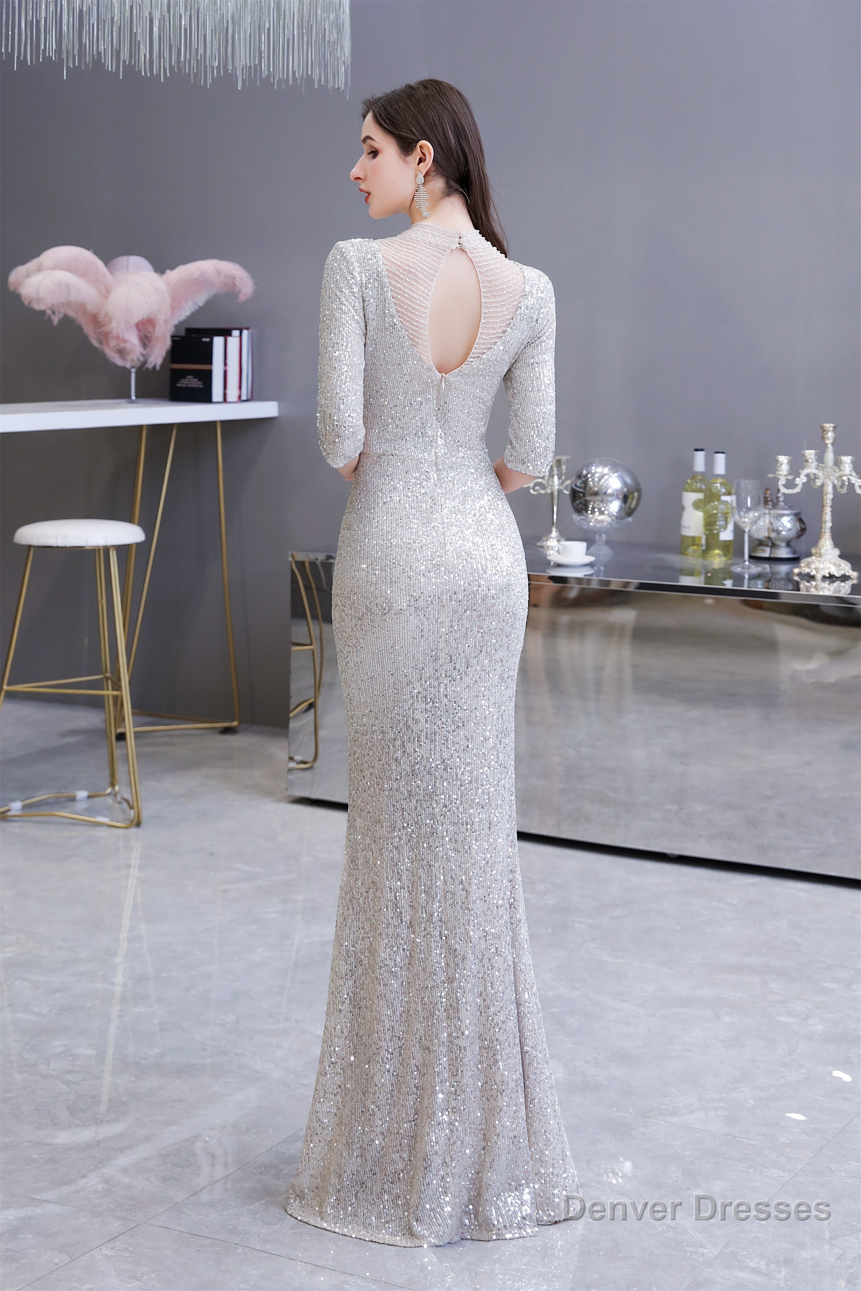 Silver Long sleeves Long Prom Dresses