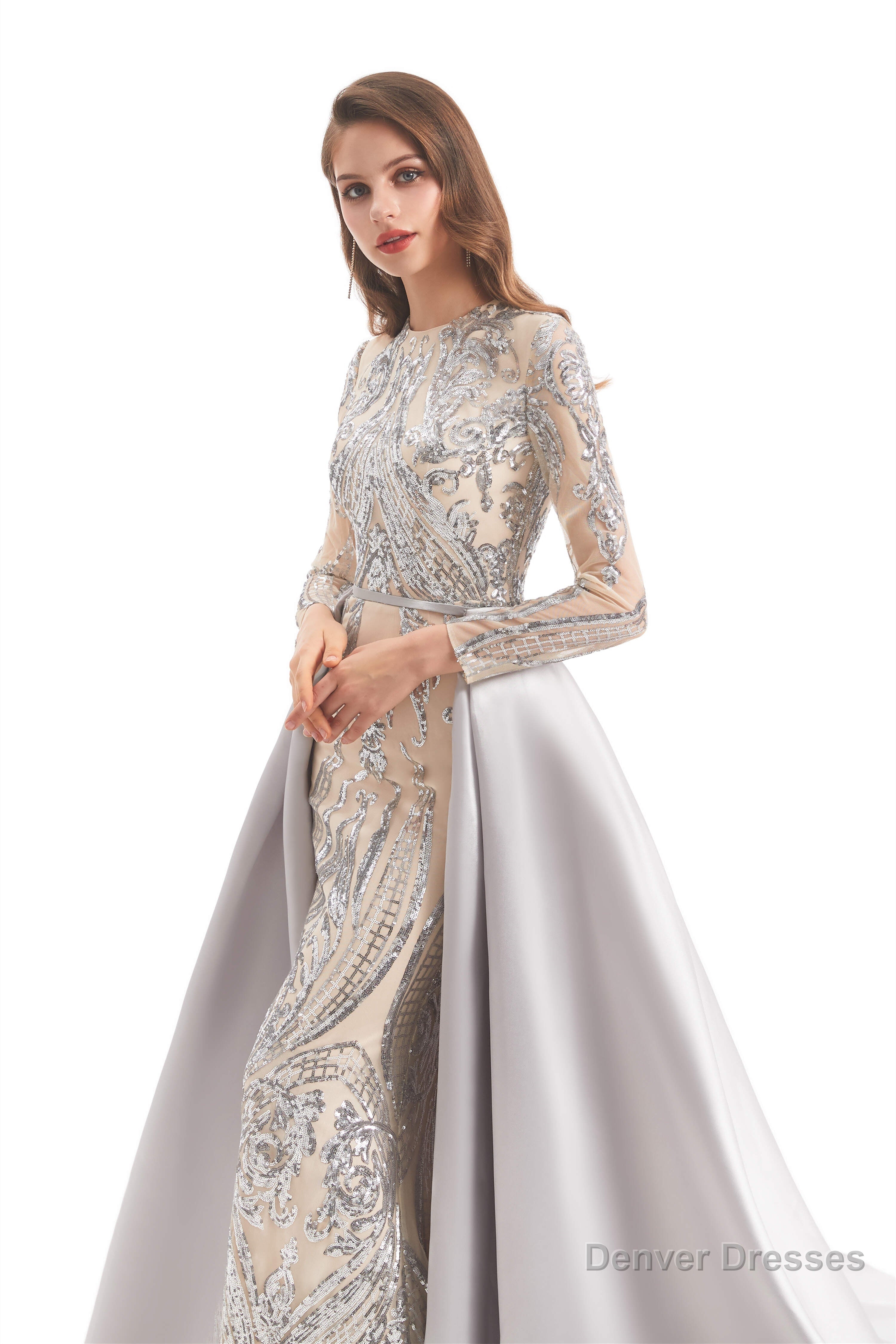 Long Sleeves Mermaid Detachable Train Prom Dresses with Train Sequined