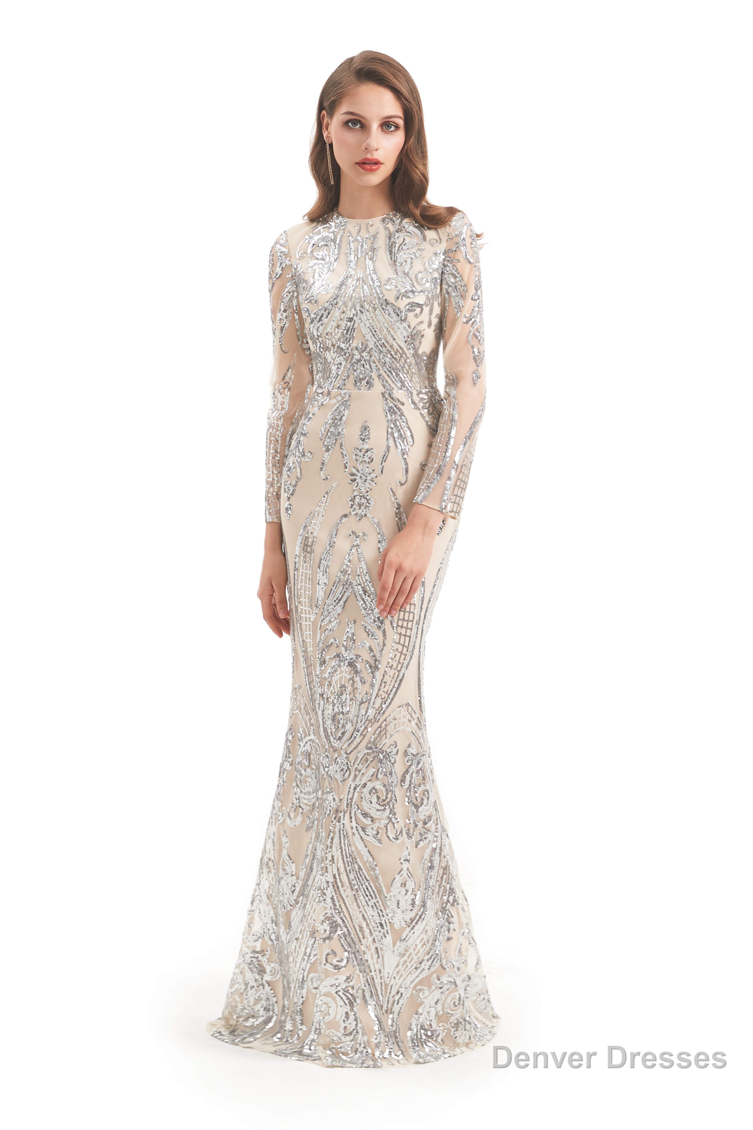 Long Sleeves Mermaid Detachable Train Prom Dresses with Train Sequined