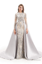 Long Sleeves Mermaid Detachable Train Prom Dresses with Train Sequined