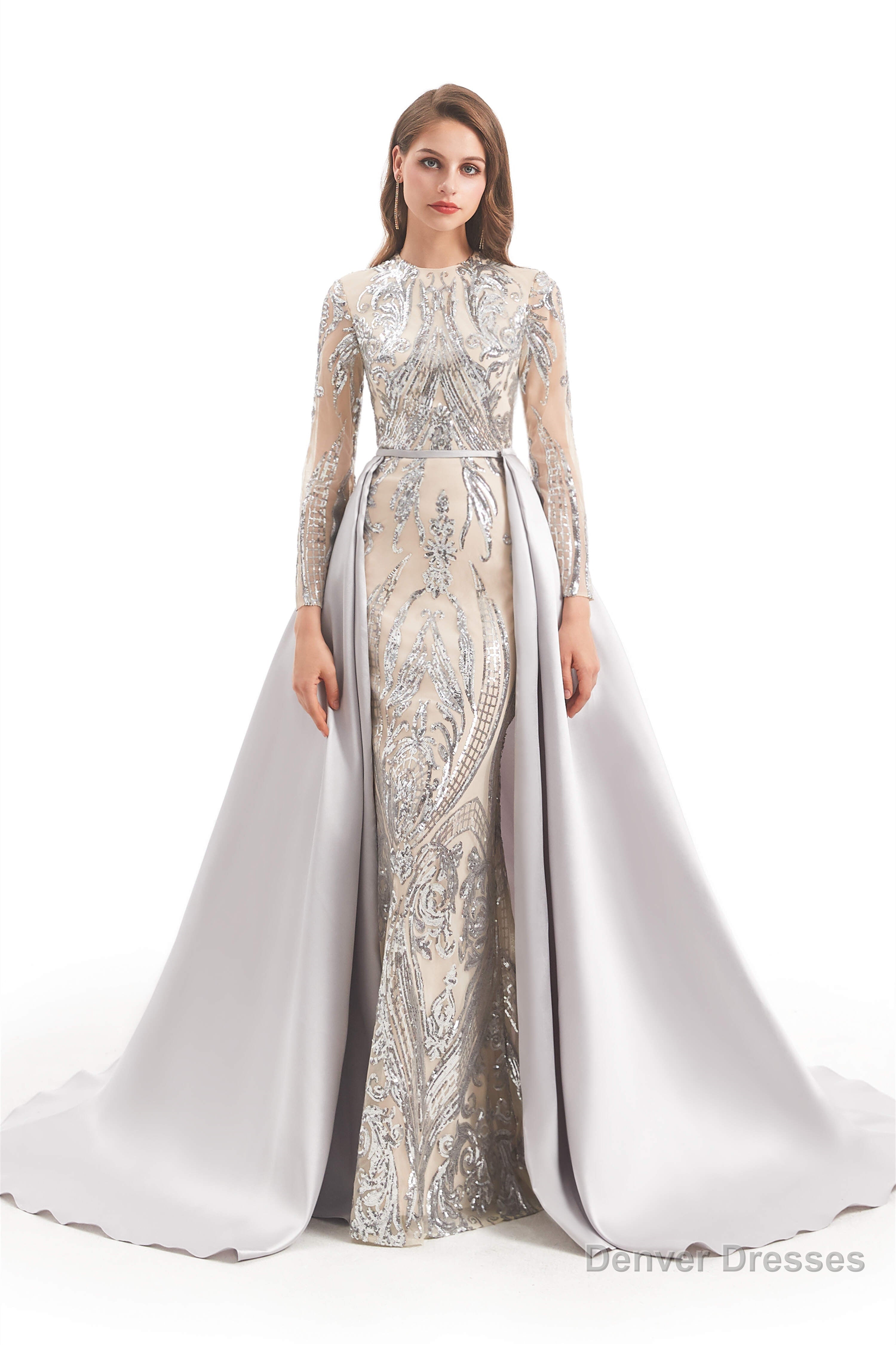 Long Sleeves Mermaid Detachable Train Prom Dresses with Train Sequined