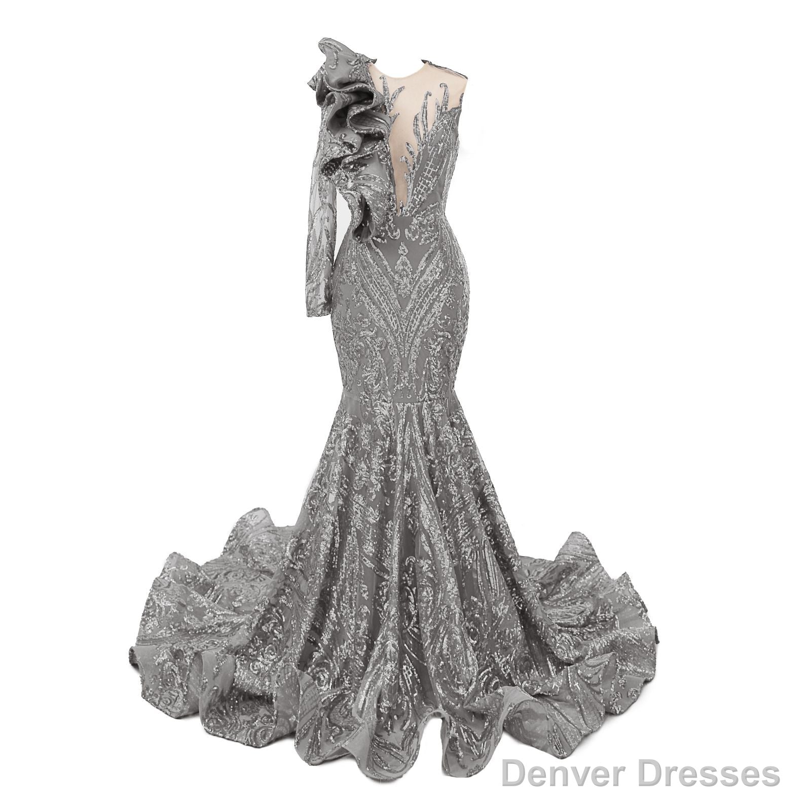 Silver Mermaid One Sleeve Prom Dresses Sequined Lace Jewel Ruffles Evening Party Dress with Appliques Secondary image