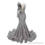Silver Mermaid One Sleeve Prom Dresses Sequined Lace Jewel Ruffles Evening Party Dress with Appliques
