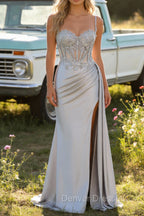 Silver Mermaid Pleated Sheer Long Corset Satin Prom Dress With Slit