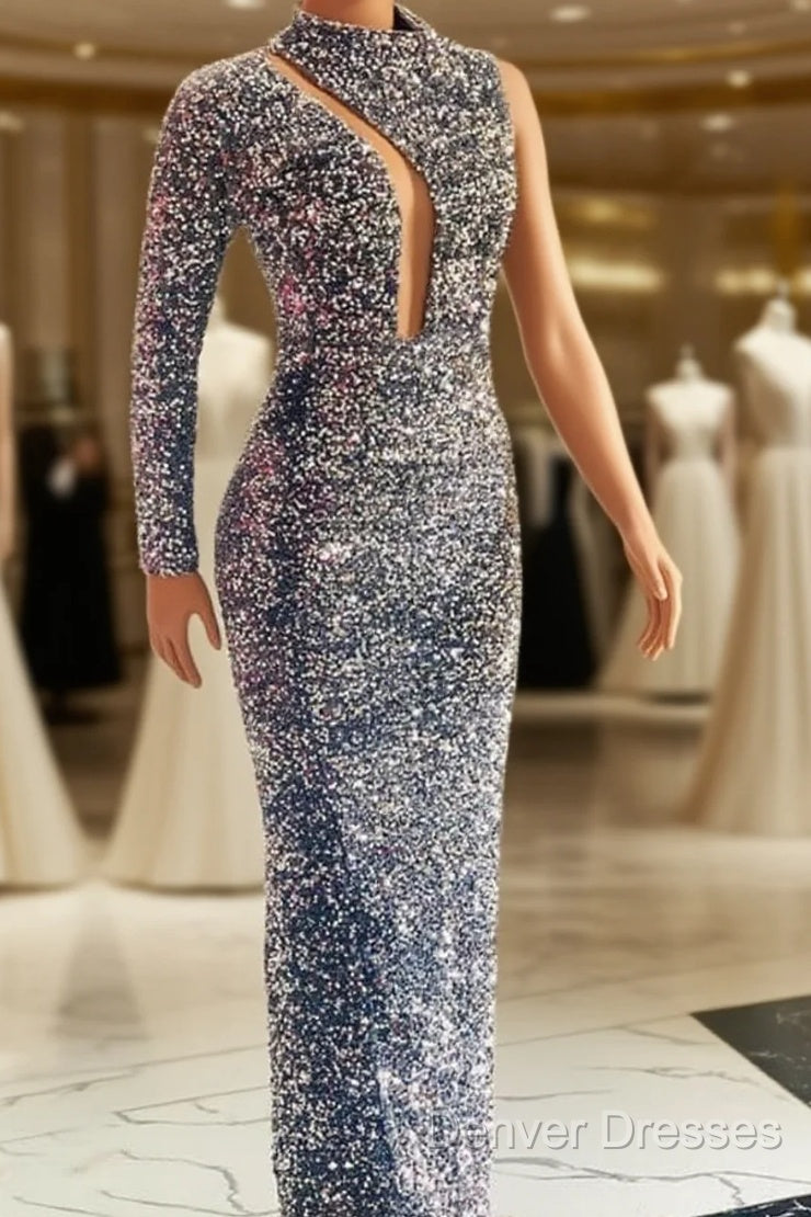 Silver Mermaid Sequin Prom Dress One Shoulder Main image