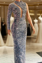 Silver Mermaid Sequin Prom Dress One Shoulder