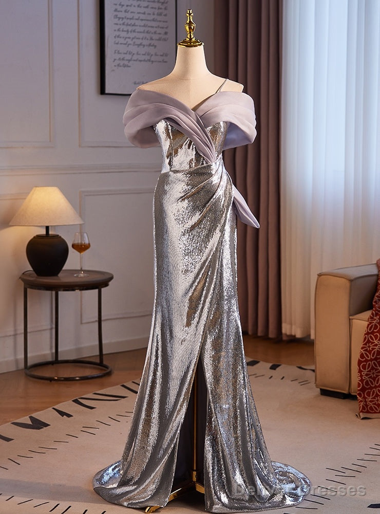 Silver Mermaid Sequins Split Prom Dress Main image