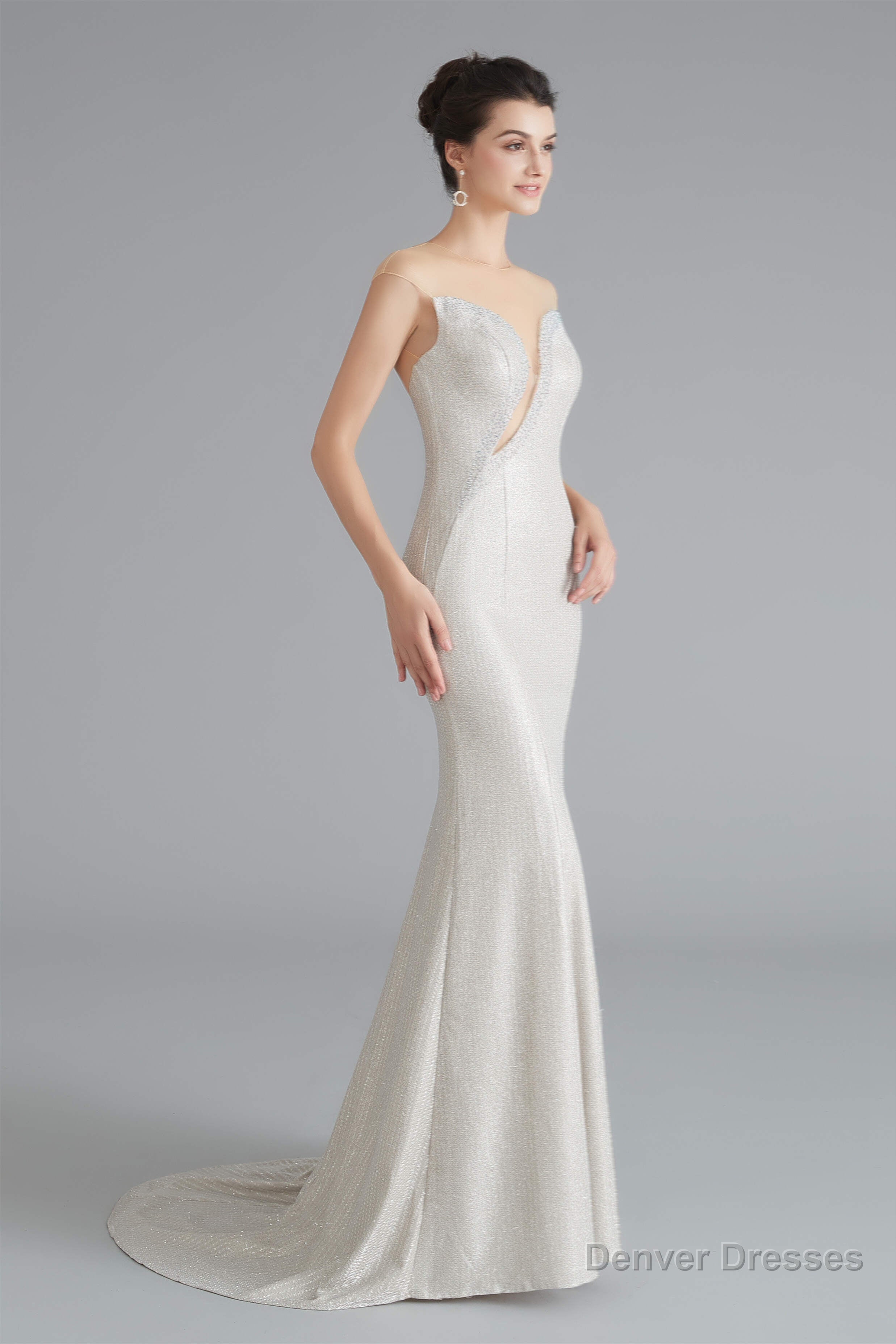 Mermaid Sheer Neck Beaded Sequins Satin Prom Dresses