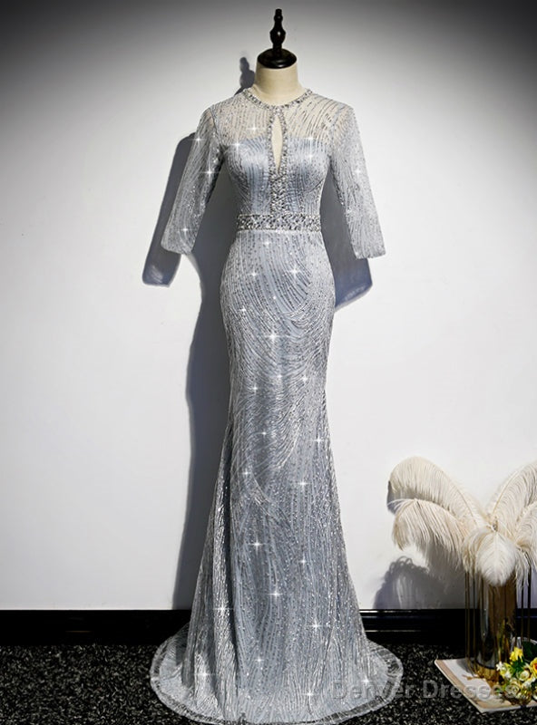 Silver Mermaid Short Sleeve Beading Prom Dress Main image