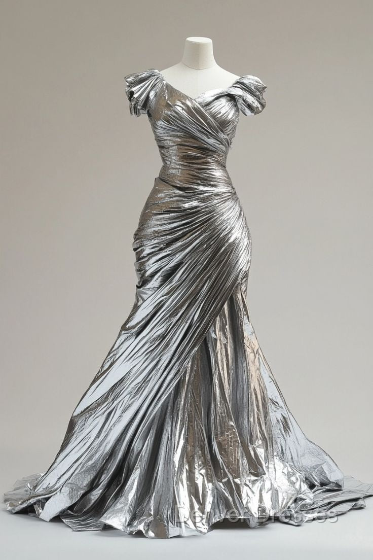 Silver Mermaid V-Neck Long Prom Dress Simple Simple Formal Evening Dress