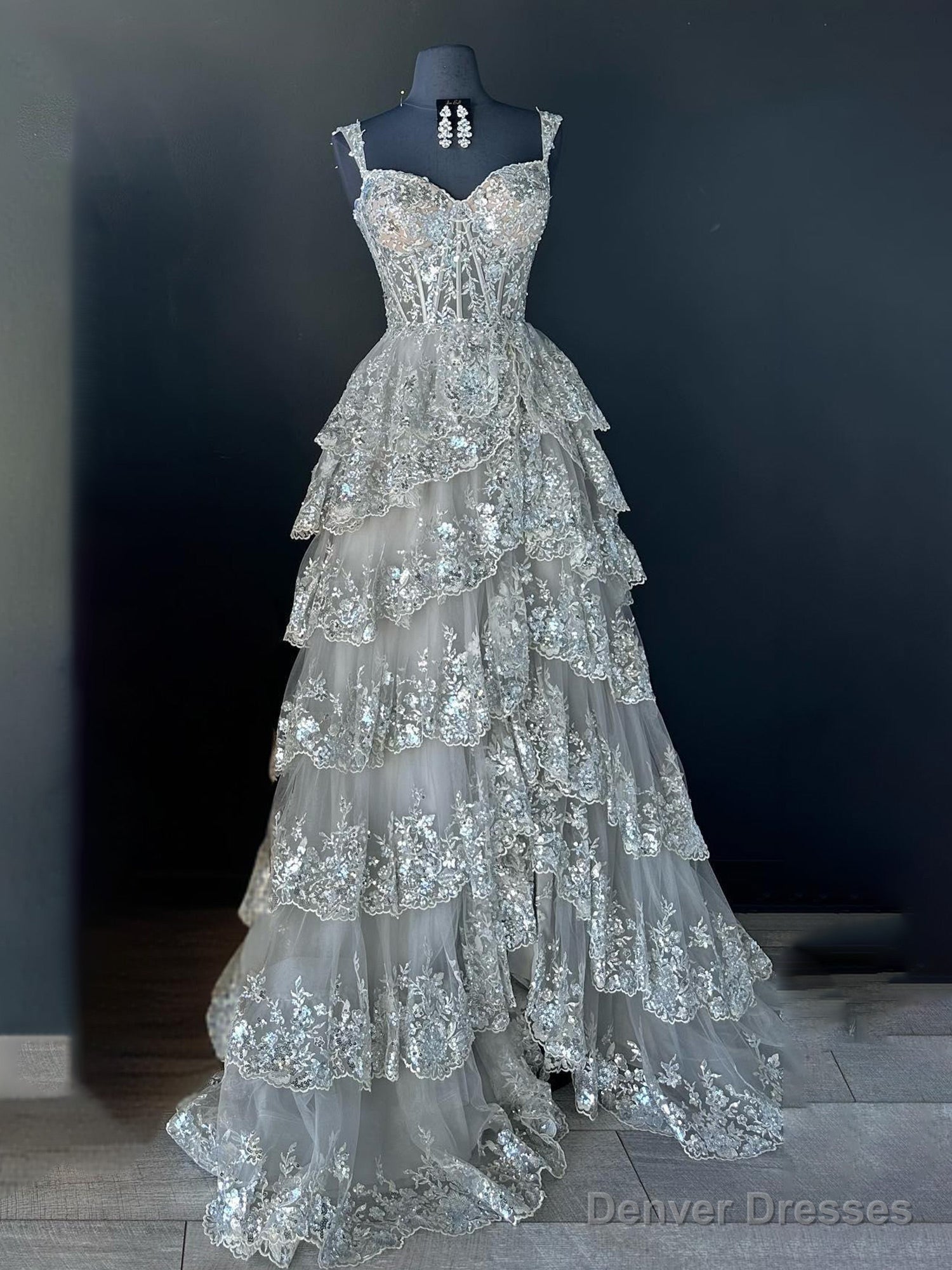 Silver Princess A Line Off the Shoulder Corset Prom Dress with Lace Ruffles Main image