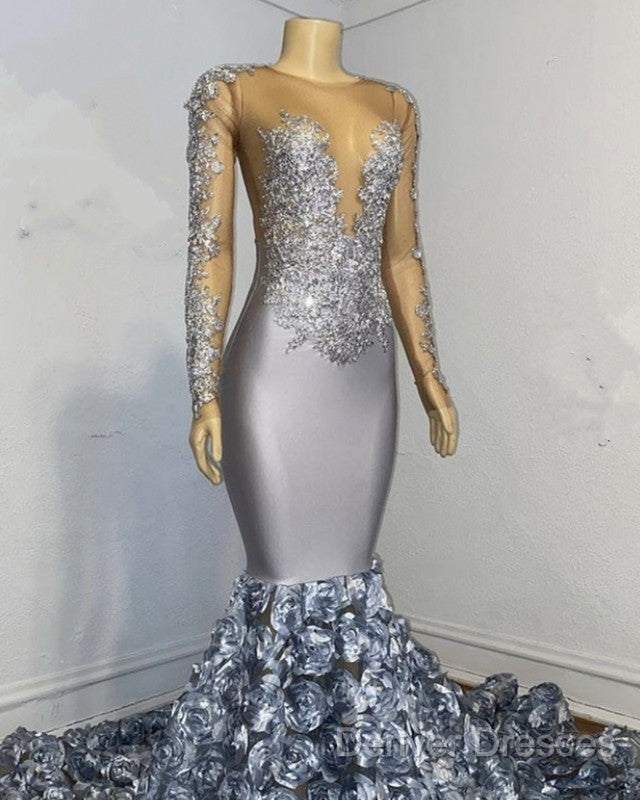 Silver Rosette Long Sleeve Mermaid Prom Dress Secondary image