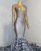 Silver Rosette Long Sleeve Mermaid Prom Dress