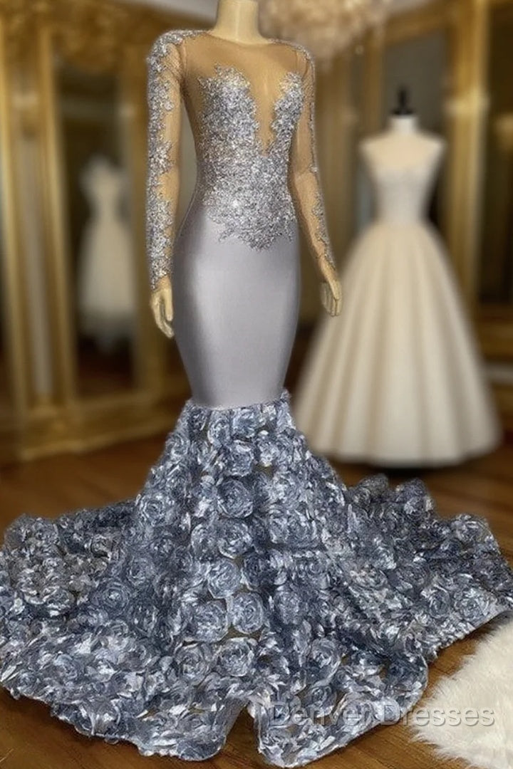 Silver Rosette Long Sleeve Mermaid Prom Dress Main image