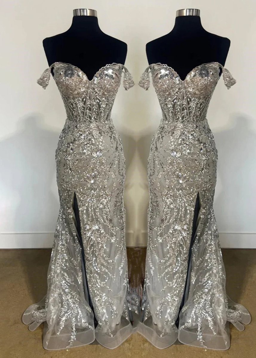 Silver Sequin Lace Off the Shoulder Mermaid Prom Dress Main image
