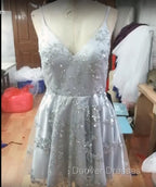 Silver Sequin Lace V Neck Tulle Homecoming Dress Short Prom Gowns