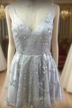 Silver Sequin Lace V Neck Tulle Homecoming Dress Short Prom Gowns