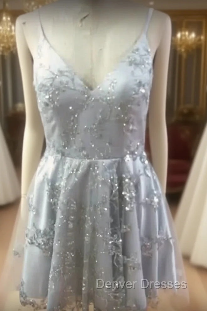 Silver Sequin Lace V Neck Tulle Homecoming Dress Short Prom Gowns