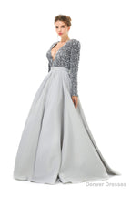 Sequined Satin A Line Front Slit V Neck Full Sleeve Sweep Train Long Prom Dresses