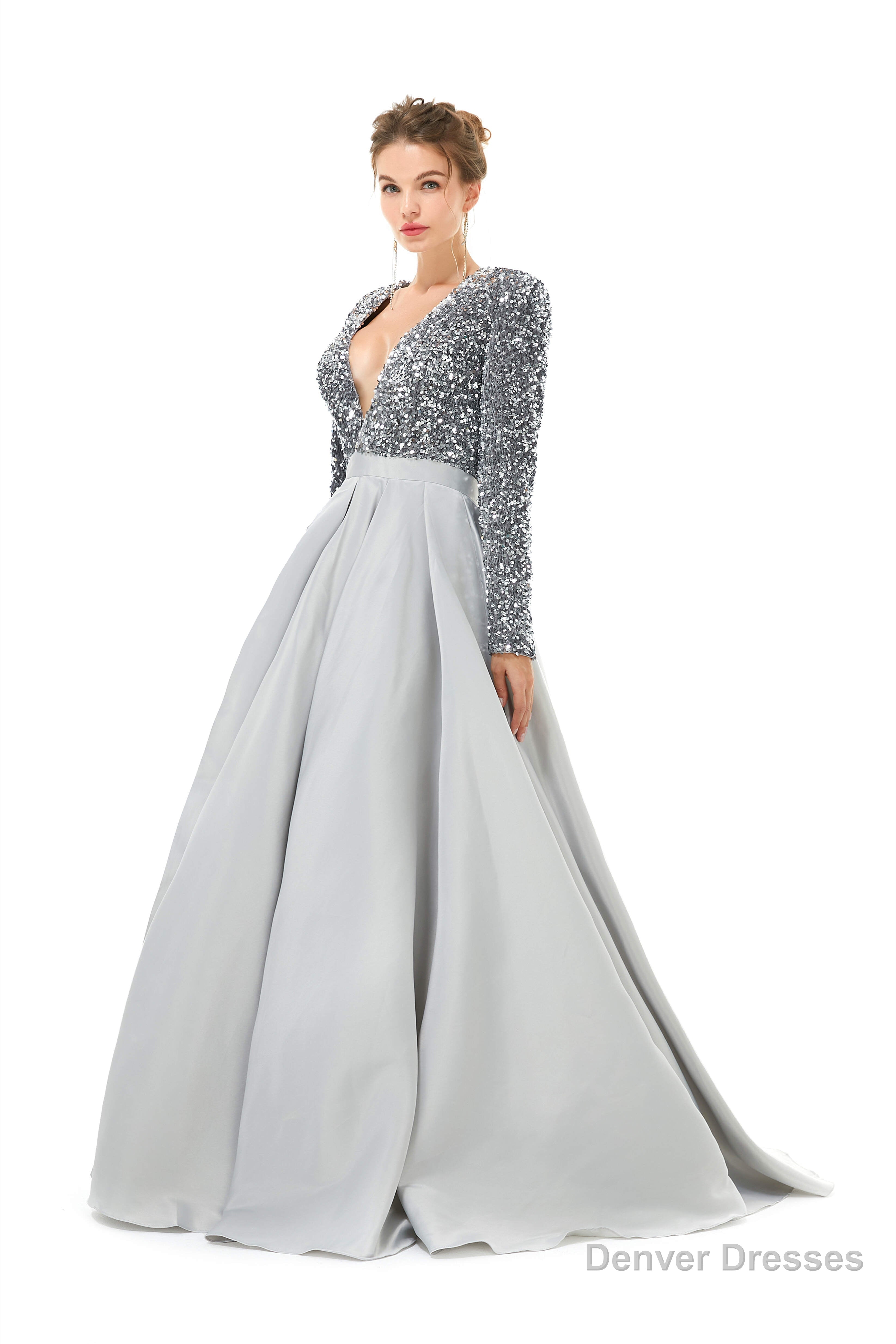 Sequined Satin A Line Front Slit V Neck Full Sleeve Sweep Train Long Prom Dresses