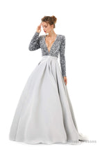Sequined Satin A Line Front Slit V Neck Full Sleeve Sweep Train Long Prom Dresses