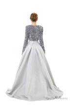 Sequined Satin A Line Front Slit V Neck Full Sleeve Sweep Train Long Prom Dresses