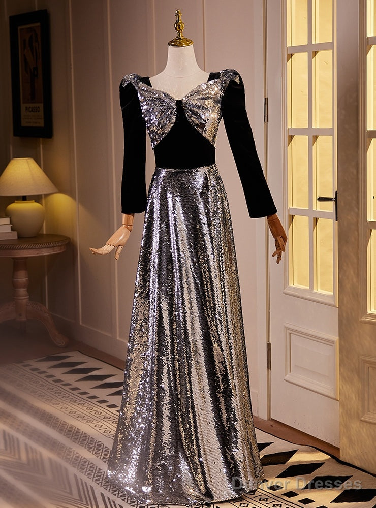 Silver Sequins Black Velvet Long Sleeve Prom Dress Main image